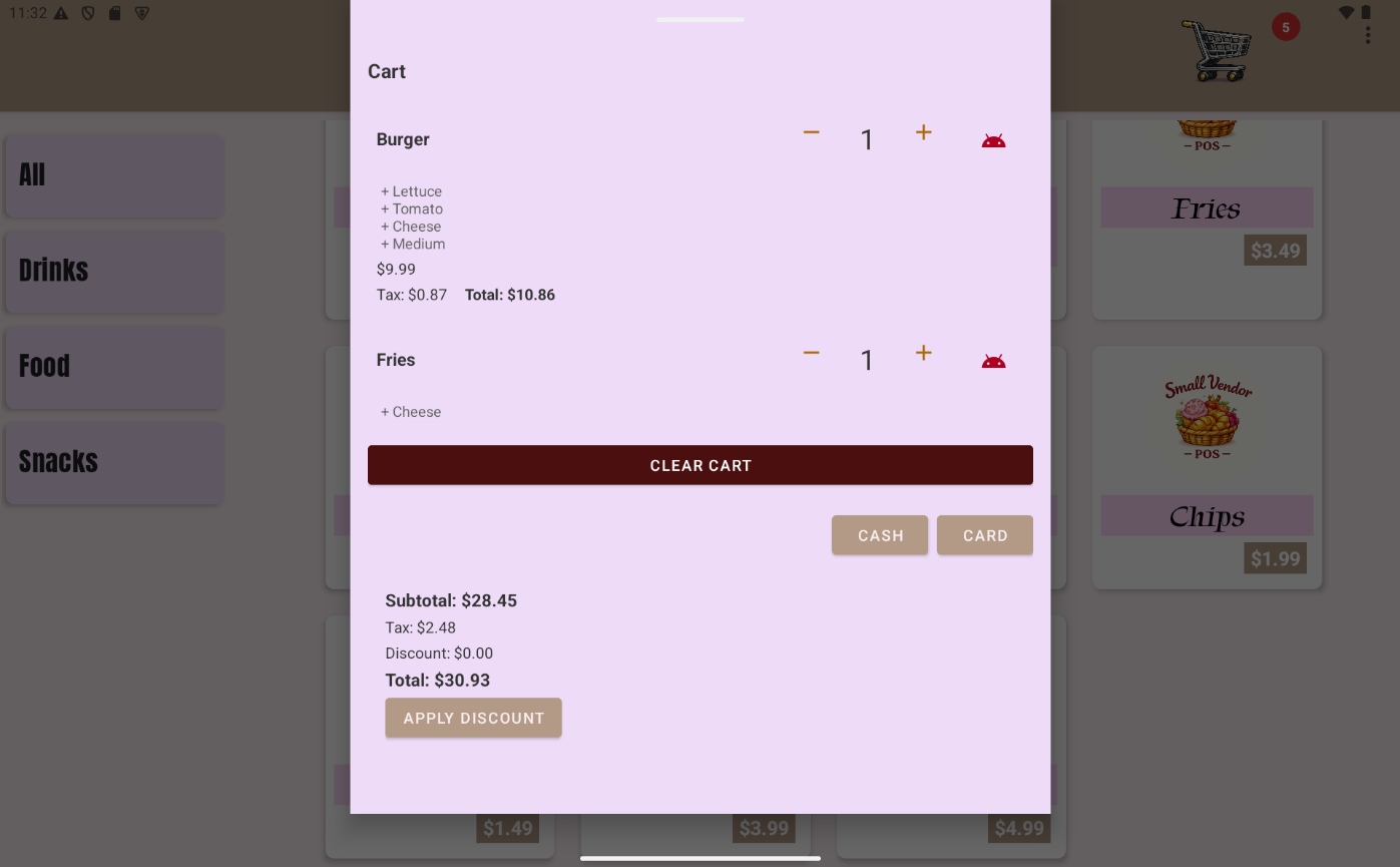 Cart view in Small Vendor POS