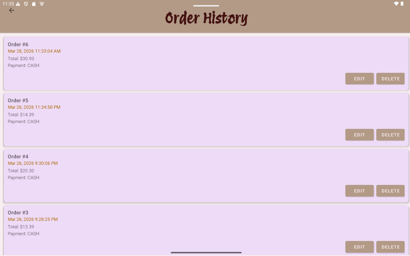 Order history screen in Small Vendor POS