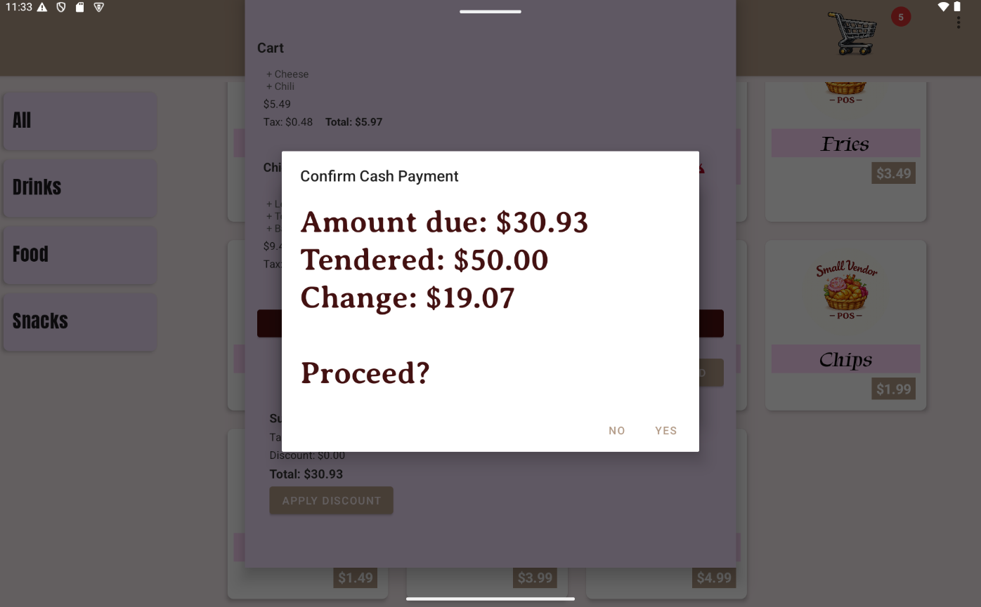 Payment confirmation screen in Small Vendor POS