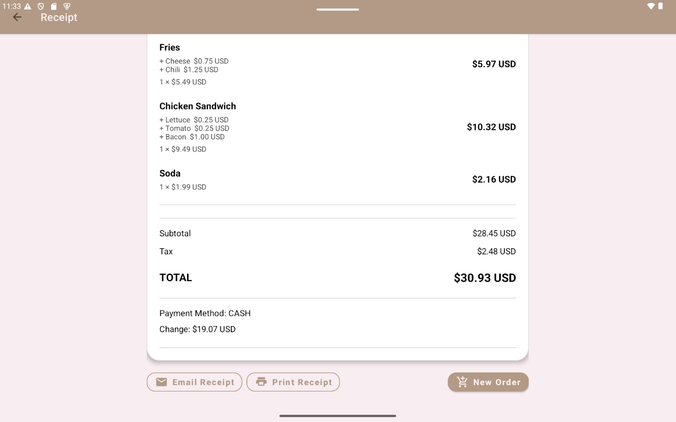 Receipt screen in Small Vendor POS