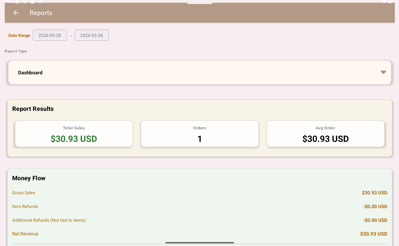 Reports and analytics screen in Small Vendor POS