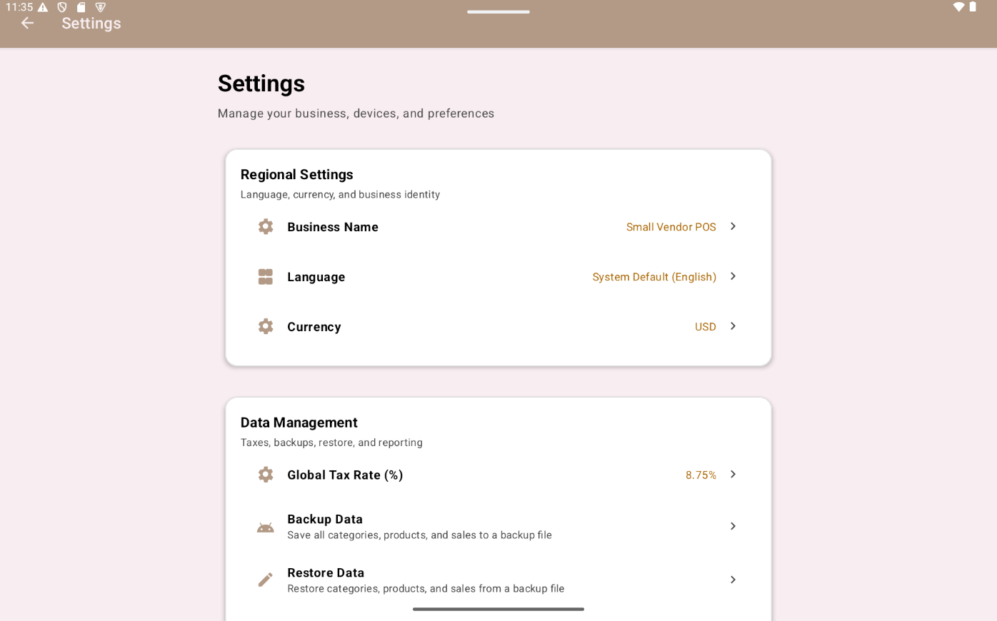 Settings screen in Small Vendor POS
